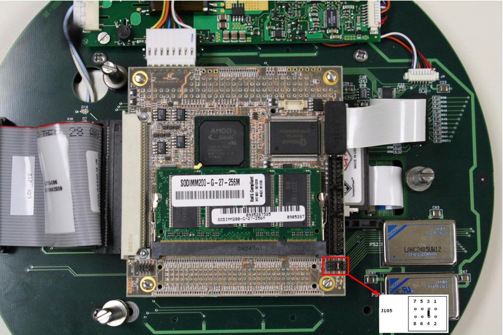 2. Flip the LOI over to expose its motherboard and associated electronics. Figure A-63: Jumpers at J105 on LOI motherboard 3. Check the jumpers located at J105 on the motherboard.