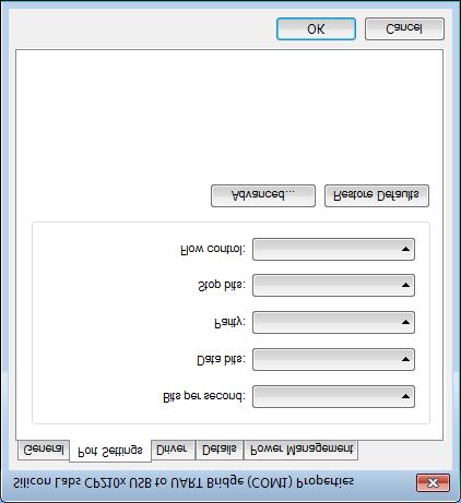 4. In the properties window, select the Port Settings tab, verify the settings match the values
