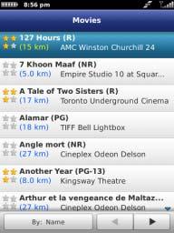Choose Menu on the results screen to sort the list by rating. Read movie summaries and view show times by selecting a movie in the list.