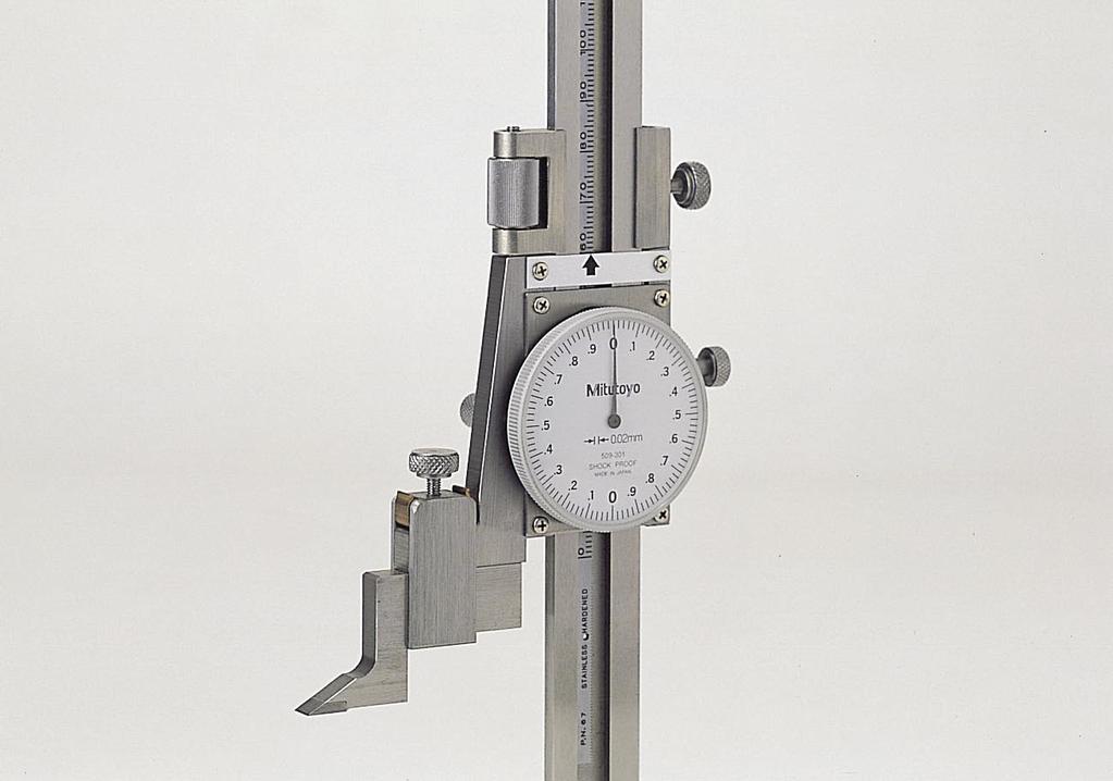 Dial Height Gage SERIES 509 Easy and error-free reading with a dial. Made of stainless steel throughout. Provided with a feed wheel for easy coarse feeding. Dial reading: 0.02mm or.