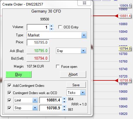 If, for example, you hold a long position, click on the sell button to place a sell order and select the order type OCO Server.