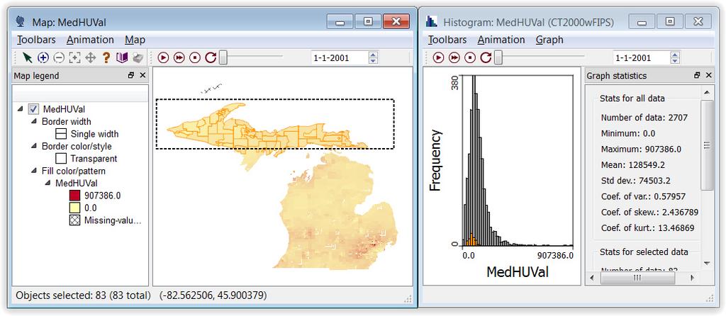 Brush-selecting on the map-histogram pair for MedHUVal Use the maps and histograms to answer the following questions: What is the mean of the median housing prices in the upper peninsula of Michigan?