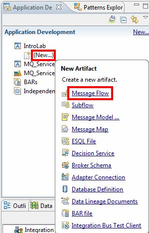 Now you will create a new message flow. 5. 6. Under the IntroLab, click on (New ). Select Message Flow. The options for the New action will be different depending on how the request is made.