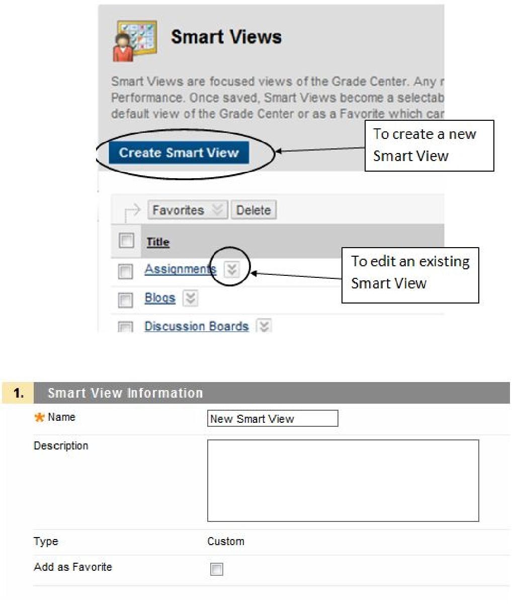 Adding a Group Smart View Smart Views of Grade Center data can be based on Groups that have been created in a Course. made before they can be selected for a Smart View.
