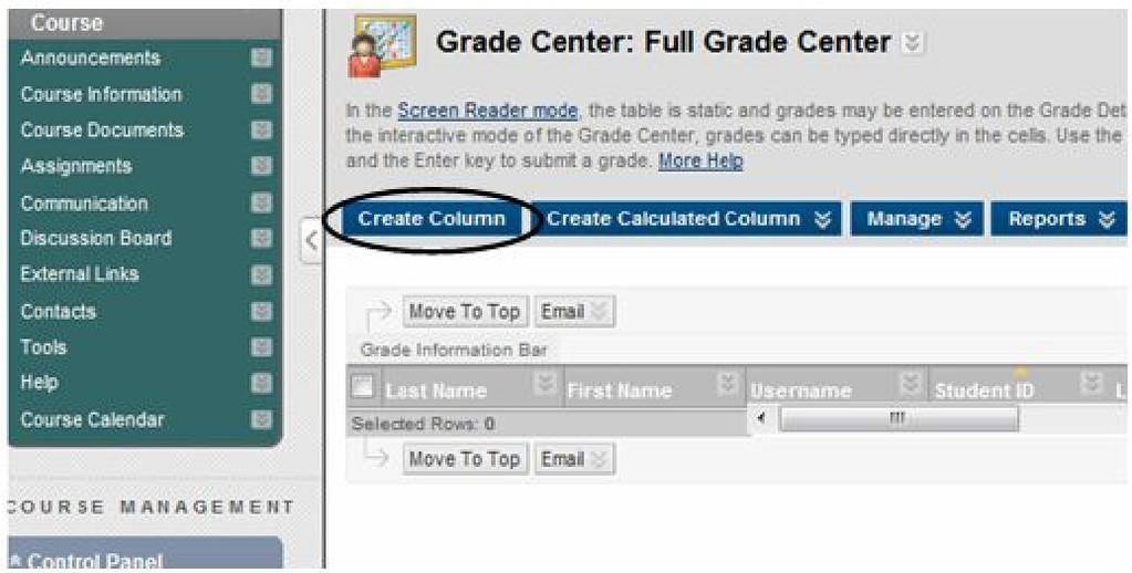 Setting up Grade Center Grade Center is set-up with Student names, usernames, and IDs and automatically creates grade columns for work done on the system in Discussion Boards, Assignments, Tests and