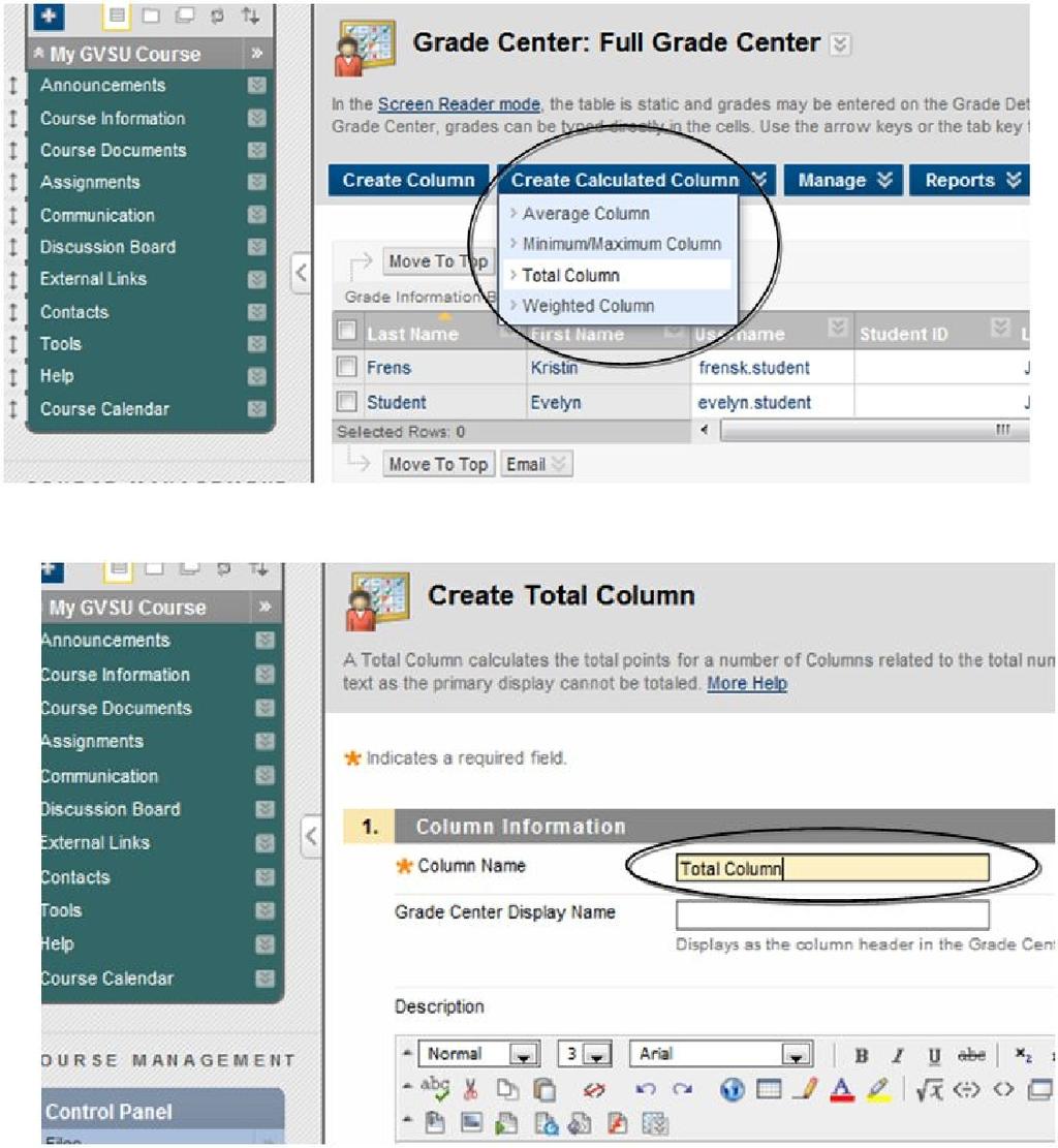 To create a new Total Column, follow these steps: 1. Click on the Total Column link underneath Create Calculated Column. 2.