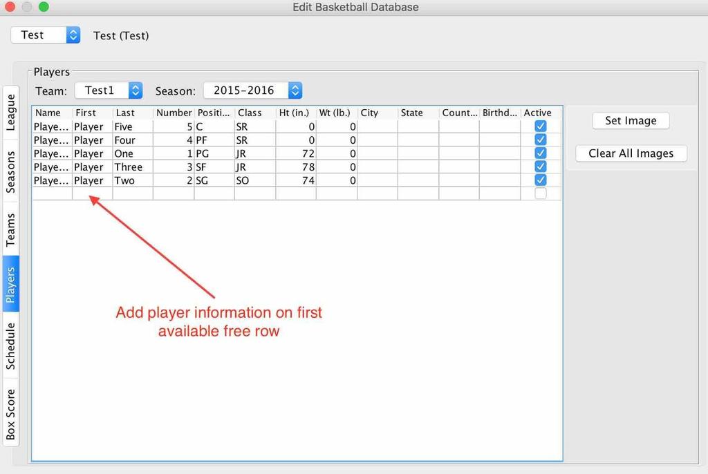 To add roster information in the Stats Database, click the Players tab on the left side.