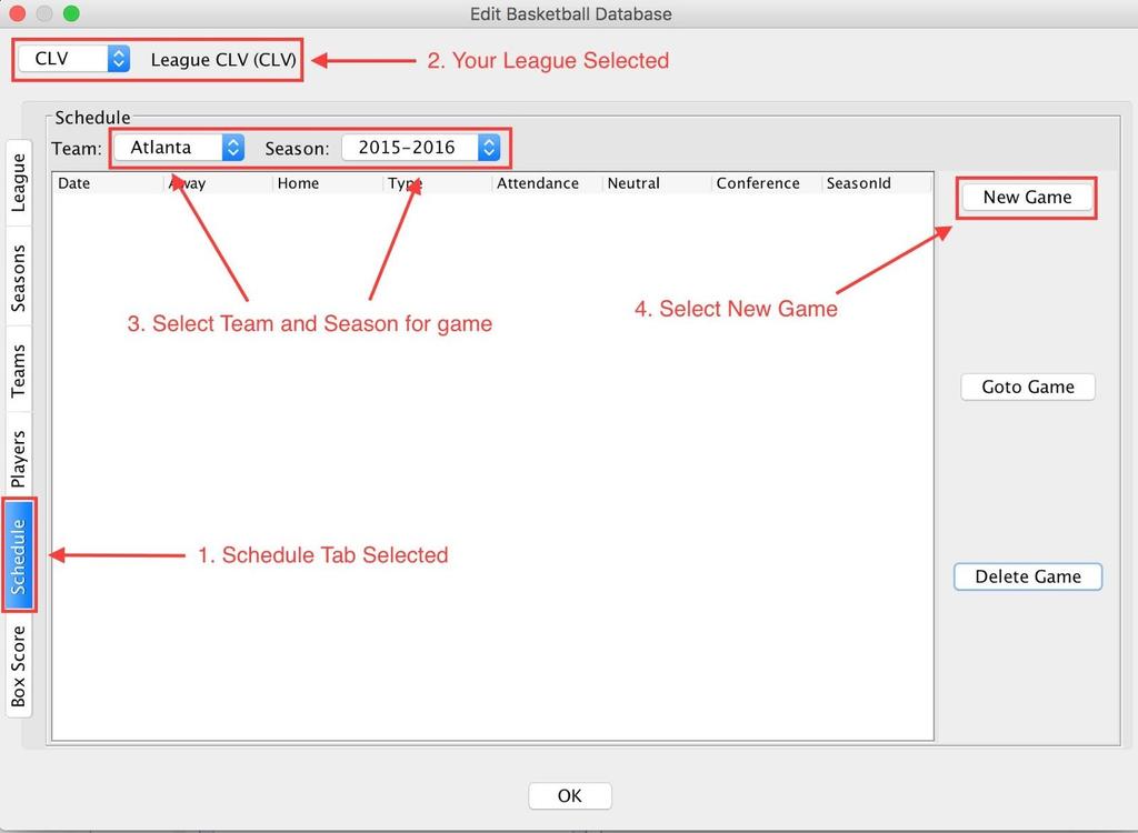 In the Stats Database, you will need to create a game in the Schedule tab for your box score.