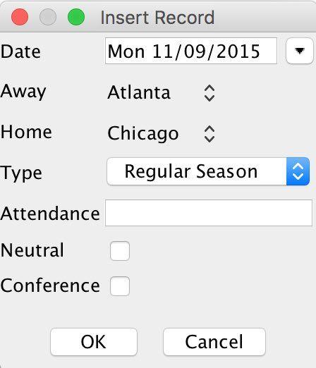To create a game, open the Schedule tab, and make sure your League, Team, and Season are set to the team you will be adding box score data for.