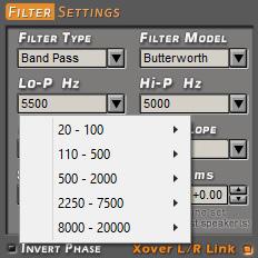 8 5. Cut-off frequencies - Hi-P Hz 10 20000: filtro High-Pass - Lo-P Hz 10 20000: filtro Low-Pass If you select the Band-Pass filter, both Hi-P Hz and Lo-P Hz boxes will be available to set up the