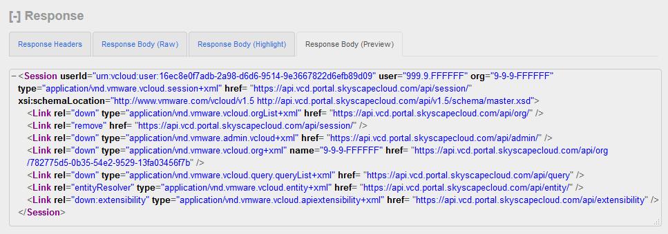 3. Next select the Response Body (Preview) tab towards the bottom of the REST Client. This view lists the links that you can use to drill down into the various objects exposed via the vcloud API.