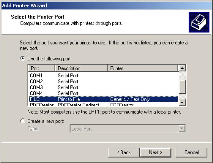 5. Set up a file printer with the File port. Going Paperless: 5.1 The Use Following Port box is selected. Scroll through the list and select File, as shown in the figure below, and click Next. 5.2 In the Manufacturers list, click Generic.