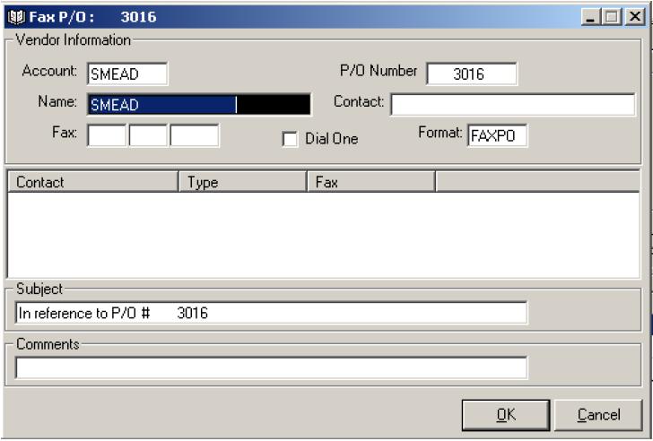 Using Purchase Order Entry History Going Paperless: 1. From the Master Menu, double-click. The P/O History window opens. 2. Retrieve the purchase order to send. 3. Click. The Fax P/O dialog box opens.