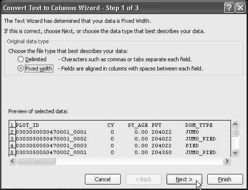 72. Step 1 of the Convert Text to Column Wizard will appear on the screen.