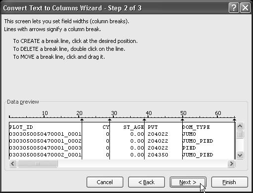 Step 2 of the Convert Text to Column Wizard will appear on the screen.