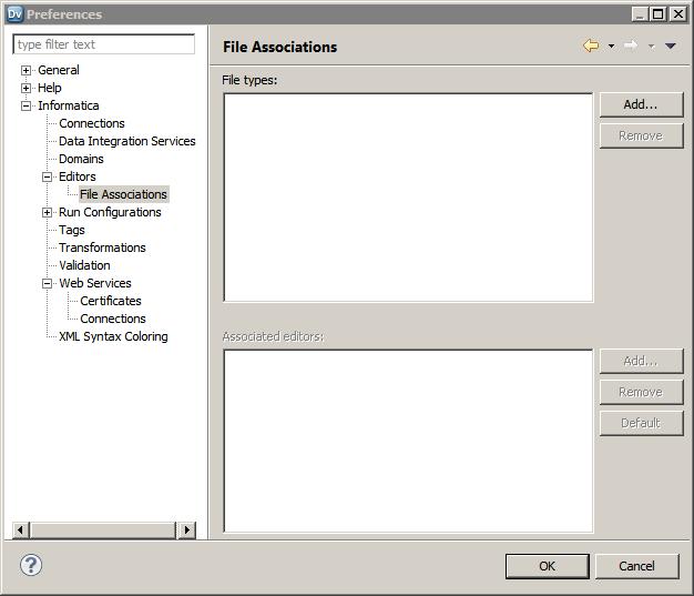 The File Associations page of the Preferences dialog box appears. 3. Click Add next to the File types area. The Add File Type dialog box appears. 4. Enter.xsd as the file type, and click OK. 5.