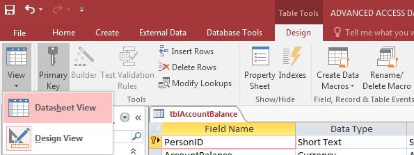 Add data to table AccountBalance in datasheet view to save time.