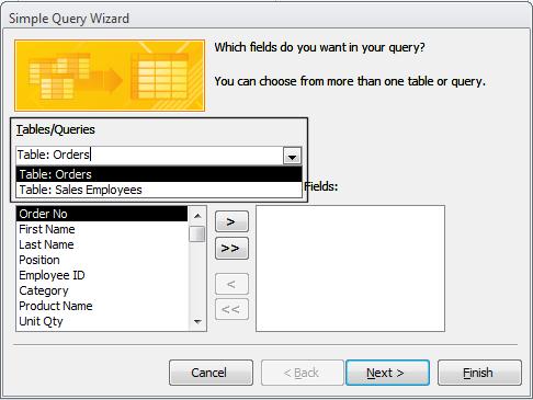 Access 2010 Intermediate Page 11 In the lower part of the dialog box are two field selection boxes, Available Fields and Selected Fields.