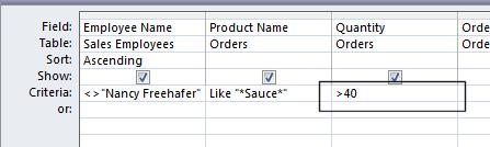 Click into the Criteria row of the Quantity field and type the following and press the Enter