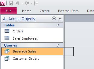 Access 2010 Intermediate Page 48 In the Navigation Pane, click once on the Beverage Sales query to highlight the