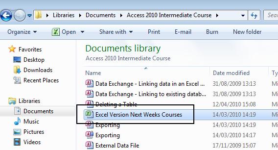 Access 2010 Intermediate Page 78 Don t actually do this now, but if you used the Windows Explorer program to view the contents of your Access 2010 Intermediate Course folder you would see the new