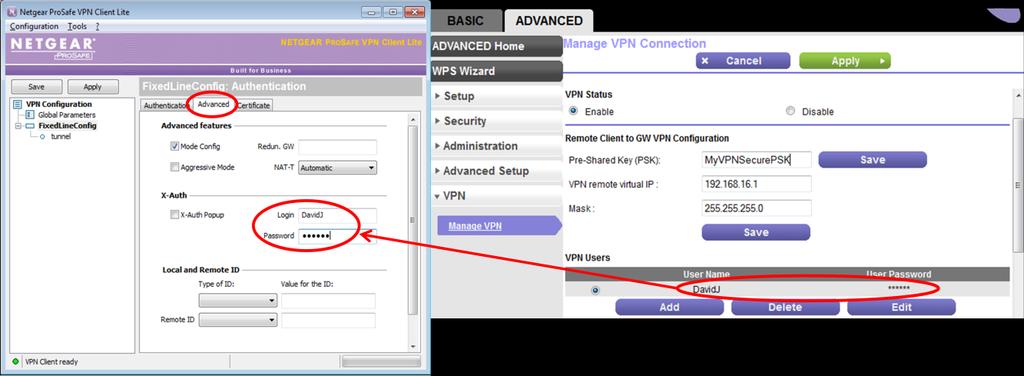 13. Select the Advanced tab and populate User Name and Password set up on the gateway VPN