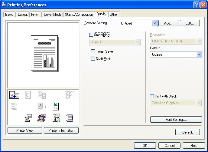 Print functions of the PCL/PS drivers for Windows 8 8.4.6 Quality tab Function name Option Description Smoothing ON/OFF, Type1-3 The letters and graphics to be printed are printed smoothly.