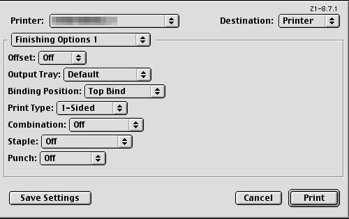 Print function of Mac OS 9.2 10 Offset: Specifies offset. Output Tray: Selects the output tray. Binding Direction: Selects the binding direction. Print Type: Performs 2-sided printing.