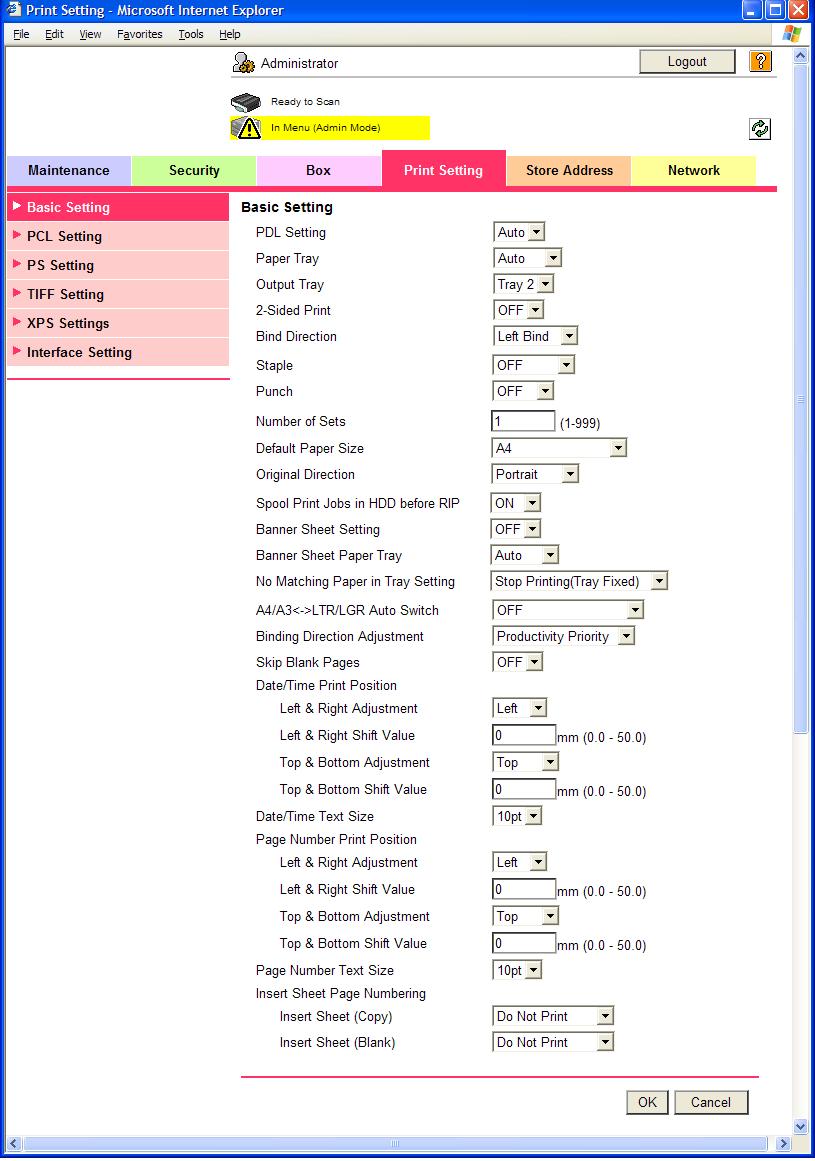 Web Connection 13 13.4.4 Print Setting Item Basic Setting PCL Setting PS Setting TIFF Setting XPS Settings Interface Setting Description The default printer settings can be specified.