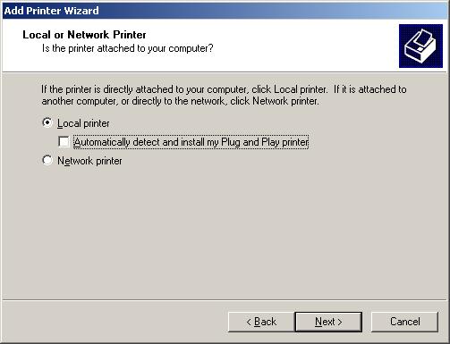 Manual installation using the Add Printer wizard 4 Clear the "Automatically detect and install my Plug and Play printer" check box. The Select a Printer Port dialog box appears.