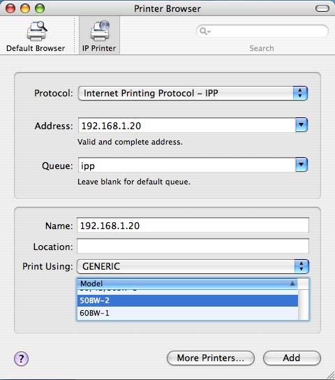 Installation on Macintosh computers 5 6 Select "GENERIC" in "Print Using", select the desired model from the list of models, and then click the [Add] button.