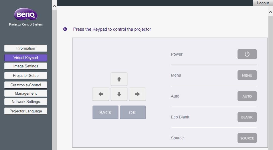 Main function Virtual Keypad The Virtual Keypad page displays a virtual keypad with which you can control the projector as if using the physical keypad on the projector.