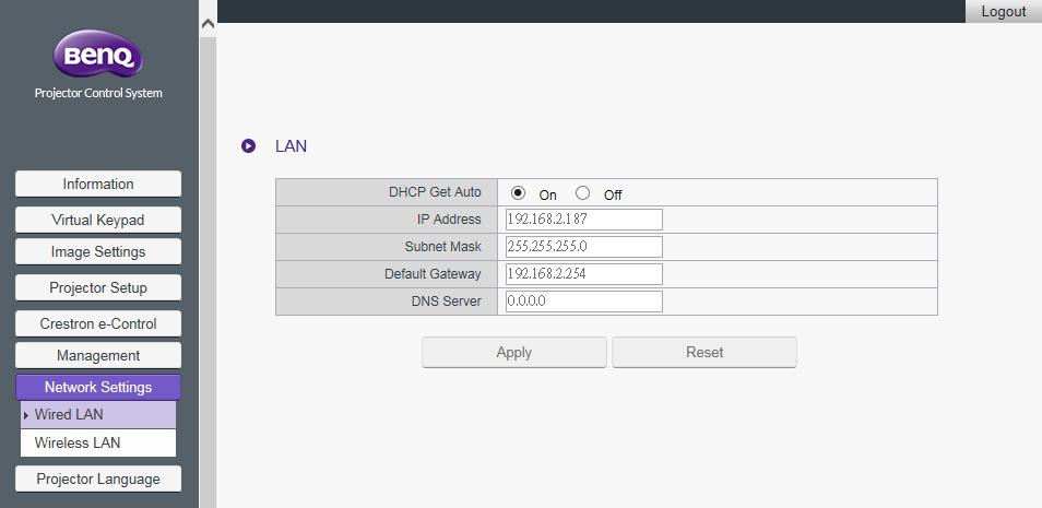 Network Settings Network Settings consists of the Wired LAN and Wireless LAN pages. Wired LAN The Wired LAN page allows you to modify the Wired LAN settings.