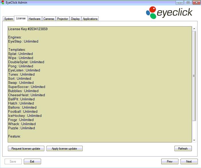 License Tab The License tab displays what templates (application types) and options that are included with the system. Also, there may be an expiration date on EyePlay engine, but this is uncommon.
