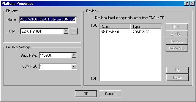 In the Platform Templates box, high light the ADSP-21061 EZ-KIT Lite via COM port, click Copy button.