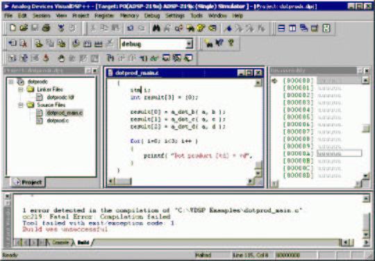 PSfrag replacements Project window Disassembly Output window Editor window Figure 10: The VisualDSP environment. 9. Click the Run button or press F5 to run the DSP. 10. Play the quimby.