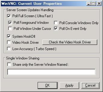 2) The WinVNC: Current User Properties window will open. Uncheck [Video Hook Driver] and leave other items. 3) Change the IP address of the PC as necessary.