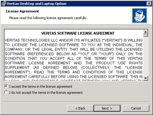 3. Click Next. Figure 2 Veritas Desktop and Laptop Option Installer Wizard Figure 3 Veritas Desktop and Laptop Option License Agreement 4.