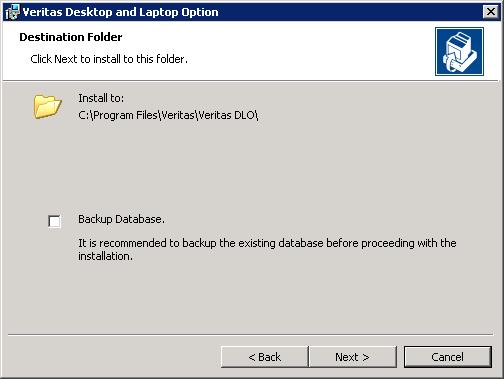 5. Click Next. 6. In the Installer wizard of Veritas DLO 9.2, Backup Database option is displayed.