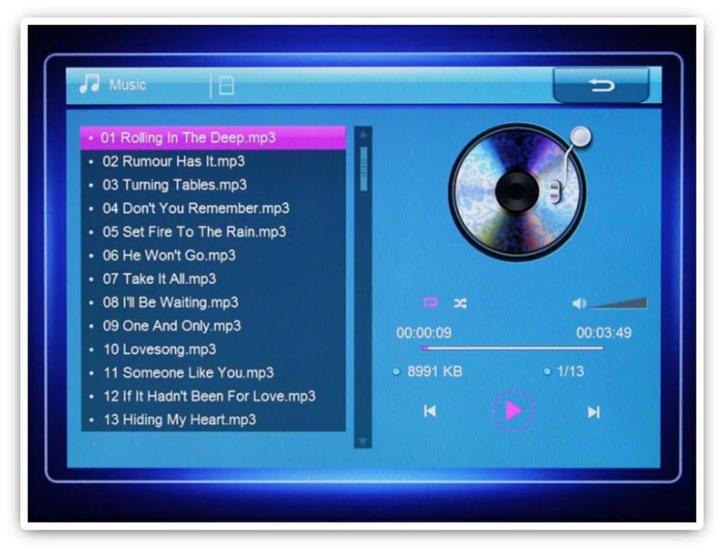 5.3 Playing Music To use the music player function, select the Music icon from the main menu. All supported music files found on the storage device will be displayed in one list.
