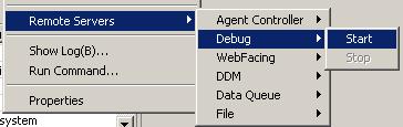 Start/Stop Debug Server - From RSE, right click a subsystem (Objects, Commands, Jobs, or IFS Files). - Select Remote Servers > Debug > Start to start and Stop to stop.