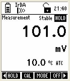 2.4 mv Measurement Mode In mv measurement mode, the meter displays mv and temperature reading. Depending on application, you can connect a suitable ORP probe to the meter or use the ph probe. 2.4.1 Indicators in mv measurement mode 2 1 3 4 5 6 7 Figure 18 : mv measurement screen Refer item numbers indicated in Figure 18.