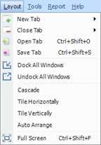 and opened. Each of these tabs contain one or more display windows that are opened using the View Menu above.