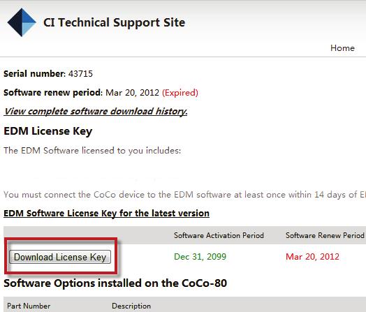 Figure 6: CI Technical Support Site License Key download link USB Device Driver After the EDM installation finishes, the CoCo can be connected to