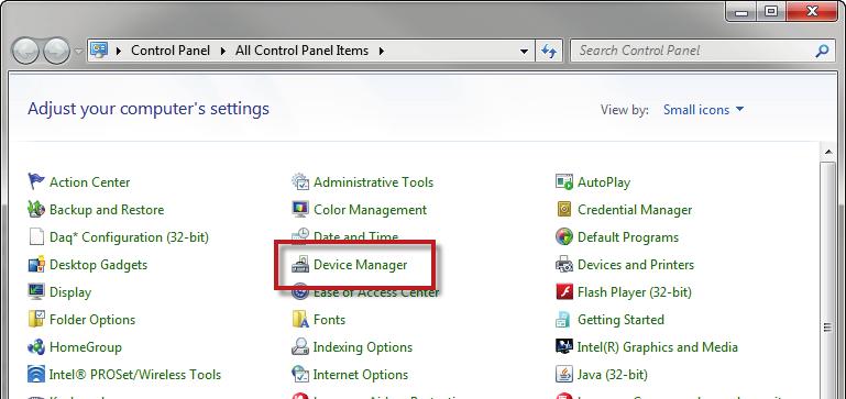 Figure 7: Device Manager located in Control Panel The Device Manager shows all system devices and any devices connected to any
