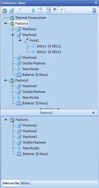 Figure 18: Database with 2 Factories and 4 Machines After the components of the Database are created the details for each item must be specified.