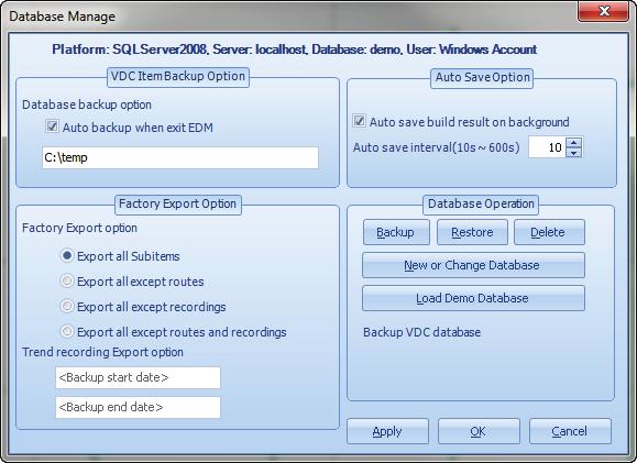 Figure 39: Database Management menu Auto Backup When this option is enabled the database is automatically saved when EDM is exited. It is recommended to always have this option enabled.