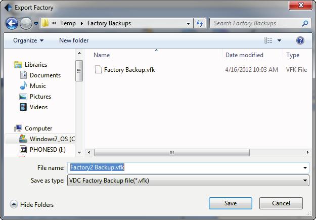 Figure 44: Set the location to save the Factory file Specify a name