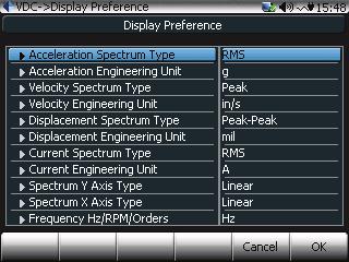 The Display Preferences menu sets the default spectrum type (RMS, peak, etc),