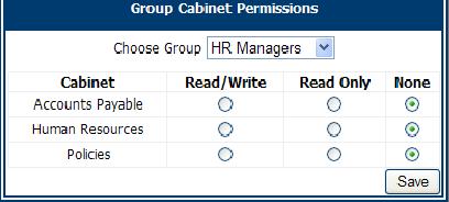 6. For each cabinet, select the access level you want to assign to the group: Read/Write The group can modify the cabinet s search values and add new folders.